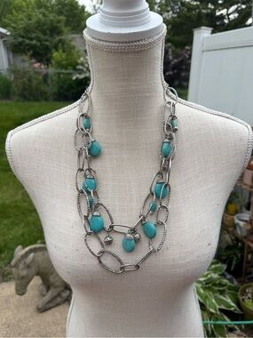 Silver Chain Turquoise Teardrop Statement Necklace